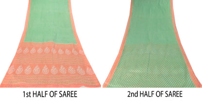 Sanskriti Vintage Green Pure Cotton Saree Paisley Block Printed Sari 5+YD Craft