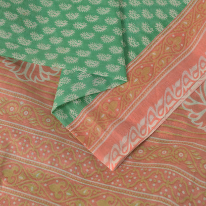 Sanskriti Vintage Green Pure Cotton Saree Paisley Block Printed Sari 5+YD Craft