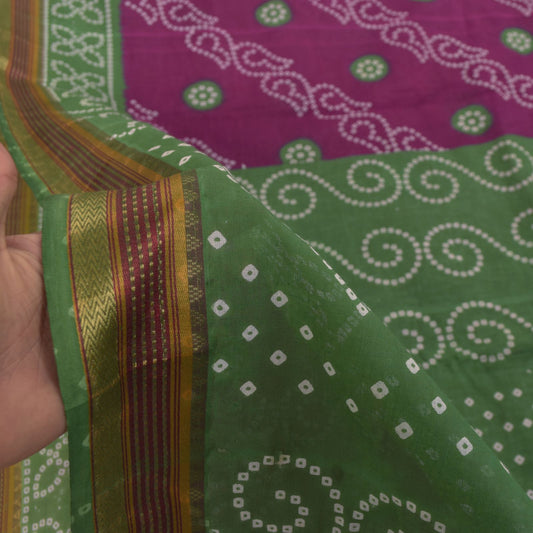Sanskriti Vintage Purple Soft 100% Pure Cotton Saree Bandhani Printed Sari 5.5YD