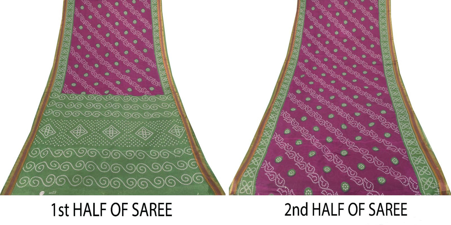 Sanskriti Vintage Purple Soft 100% Pure Cotton Saree Bandhani Printed Sari 5.5YD