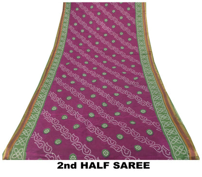 Sanskriti Vintage Purple Soft 100% Pure Cotton Saree Bandhani Printed Sari 5.5YD