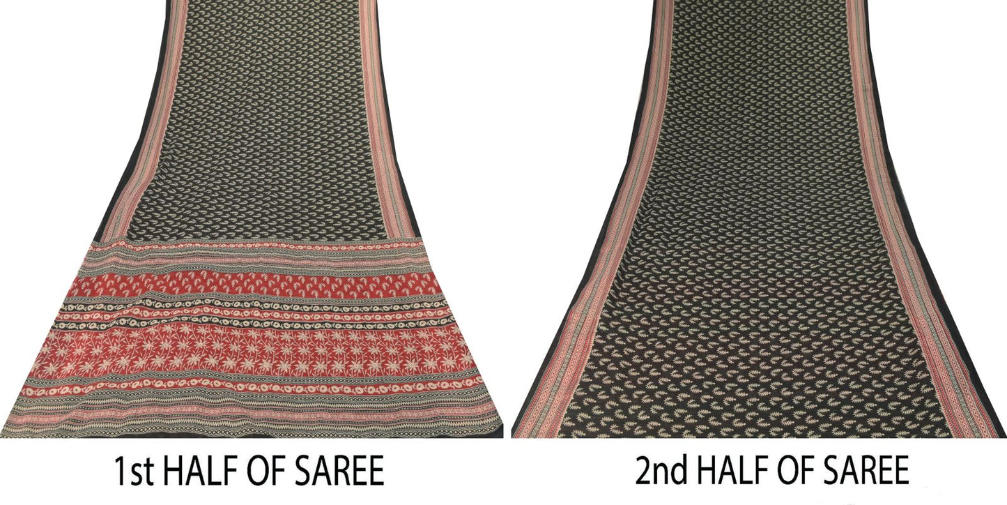 Sanskriti Vintage Black Soft 100%Pure Cotton Saree Leaf Block Printed Sari 5.5YD