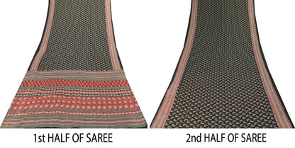 Sanskriti Vintage Black Soft 100%Pure Cotton Saree Leaf Block Printed Sari 5.5YD