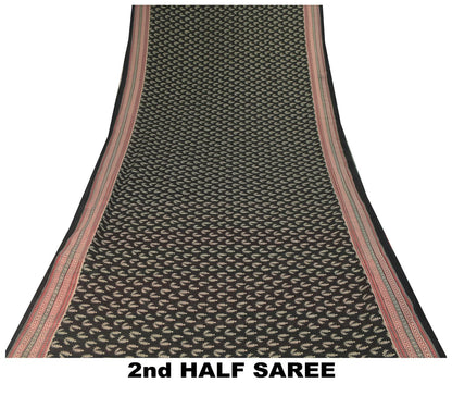 Sanskriti Vintage Black Soft 100%Pure Cotton Saree Leaf Block Printed Sari 5.5YD