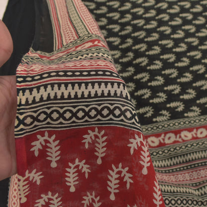 Sanskriti Vintage Black Soft 100%Pure Cotton Saree Leaf Block Printed Sari 5.5YD