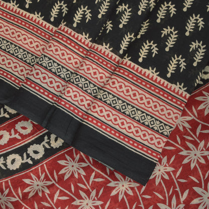 Sanskriti Vintage Black Soft 100%Pure Cotton Saree Leaf Block Printed Sari 5.5YD
