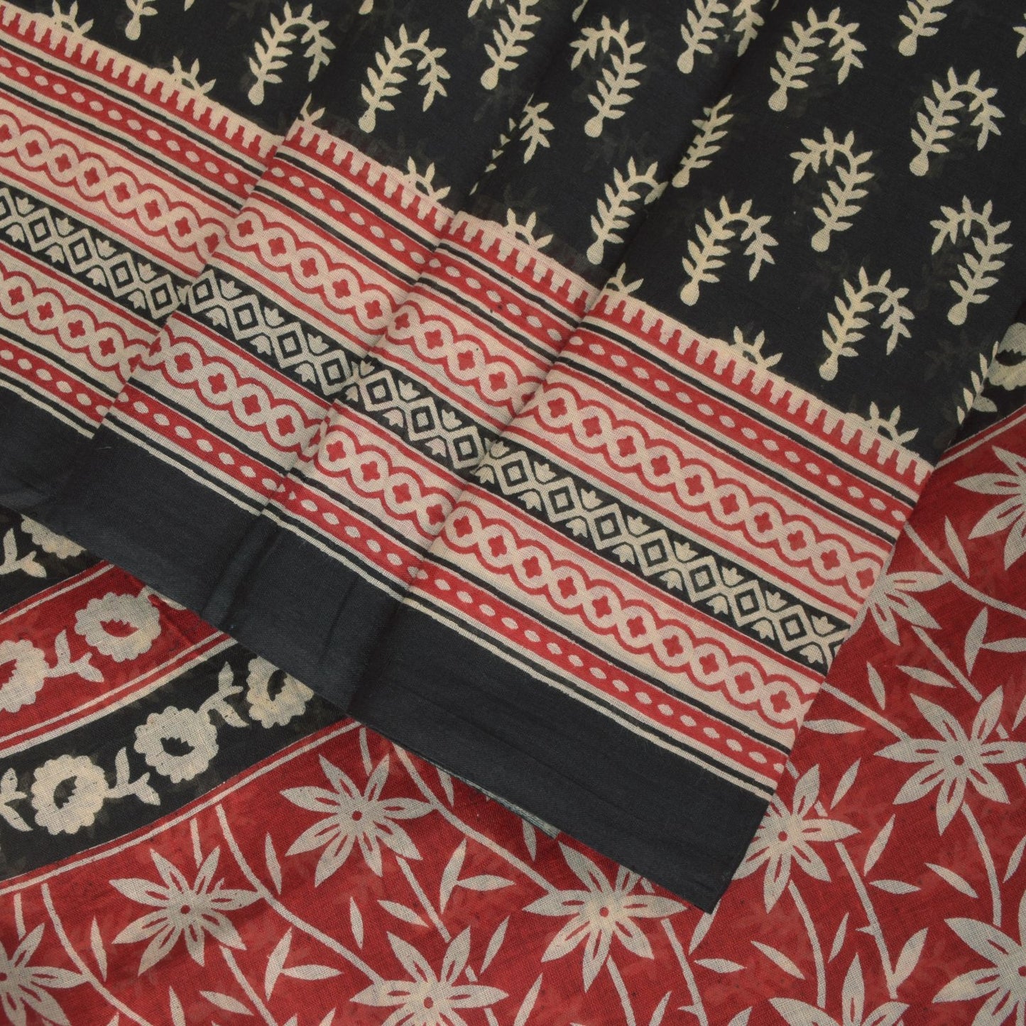 Sanskriti Vintage Black Soft 100%Pure Cotton Saree Leaf Block Printed Sari 5.5YD