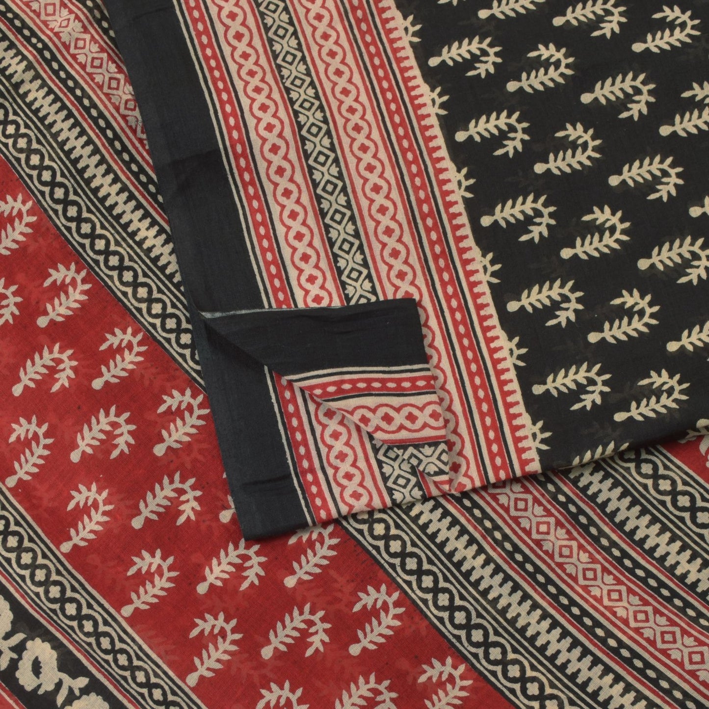 Sanskriti Vintage Black Soft 100%Pure Cotton Saree Leaf Block Printed Sari 5.5YD
