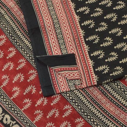 Sanskriti Vintage Black Soft 100%Pure Cotton Saree Leaf Block Printed Sari 5.5YD