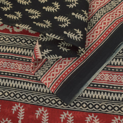 Sanskriti Vintage Black Soft 100%Pure Cotton Saree Leaf Block Printed Sari 5.5YD