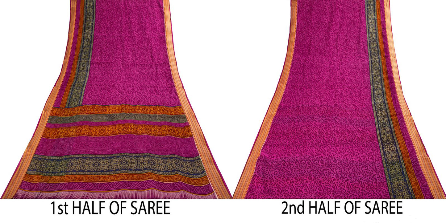 Sanskriti Vintage Purple 100% Pure Cotton Saree Floral Printed 5+Yard CraftSari