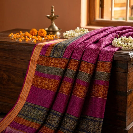 Sanskriti Vintage Purple 100% Pure Cotton Saree Floral Printed 5+Yard CraftSari