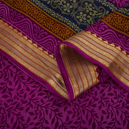 Sanskriti Vintage Purple 100% Pure Cotton Saree Floral Printed 5+Yard CraftSari