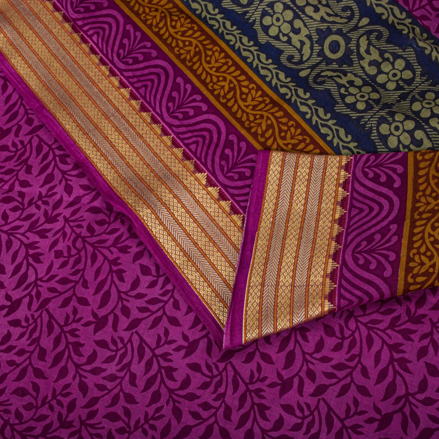 Sanskriti Vintage Purple 100% Pure Cotton Saree Floral Printed 5+Yard CraftSari