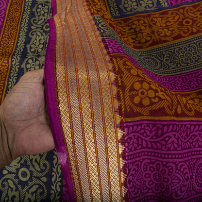 Sanskriti Vintage Purple 100% Pure Cotton Saree Floral Printed 5+Yard CraftSari