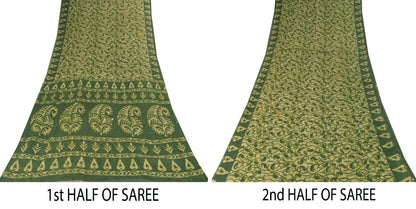 Sanskriti Vintage Soft Green Pure Cotton Saree Paisley Batik Printed Sari 5.5YD