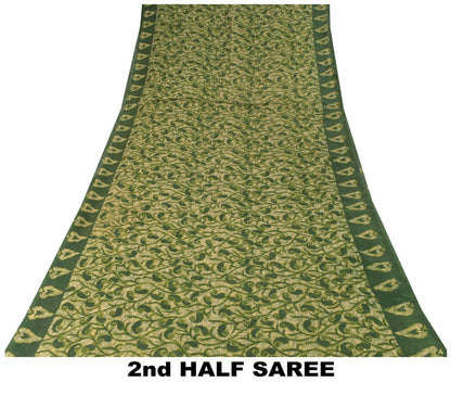Sanskriti Vintage Soft Green Pure Cotton Saree Paisley Batik Printed Sari 5.5YD