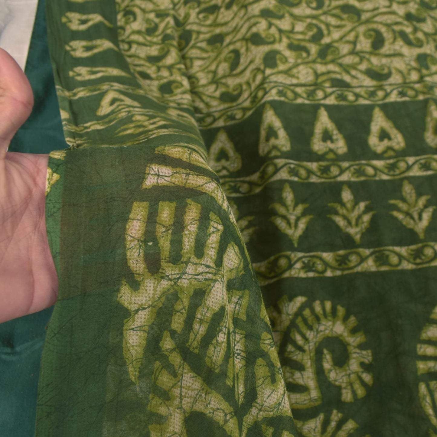 Sanskriti Vintage Soft Green Pure Cotton Saree Paisley Batik Printed Sari 5.5YD