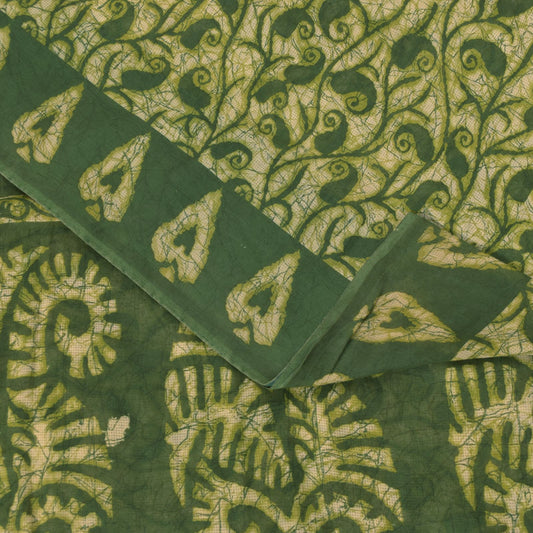 Sanskriti Vintage Soft Green Pure Cotton Saree Paisley Batik Printed Sari 5.5YD