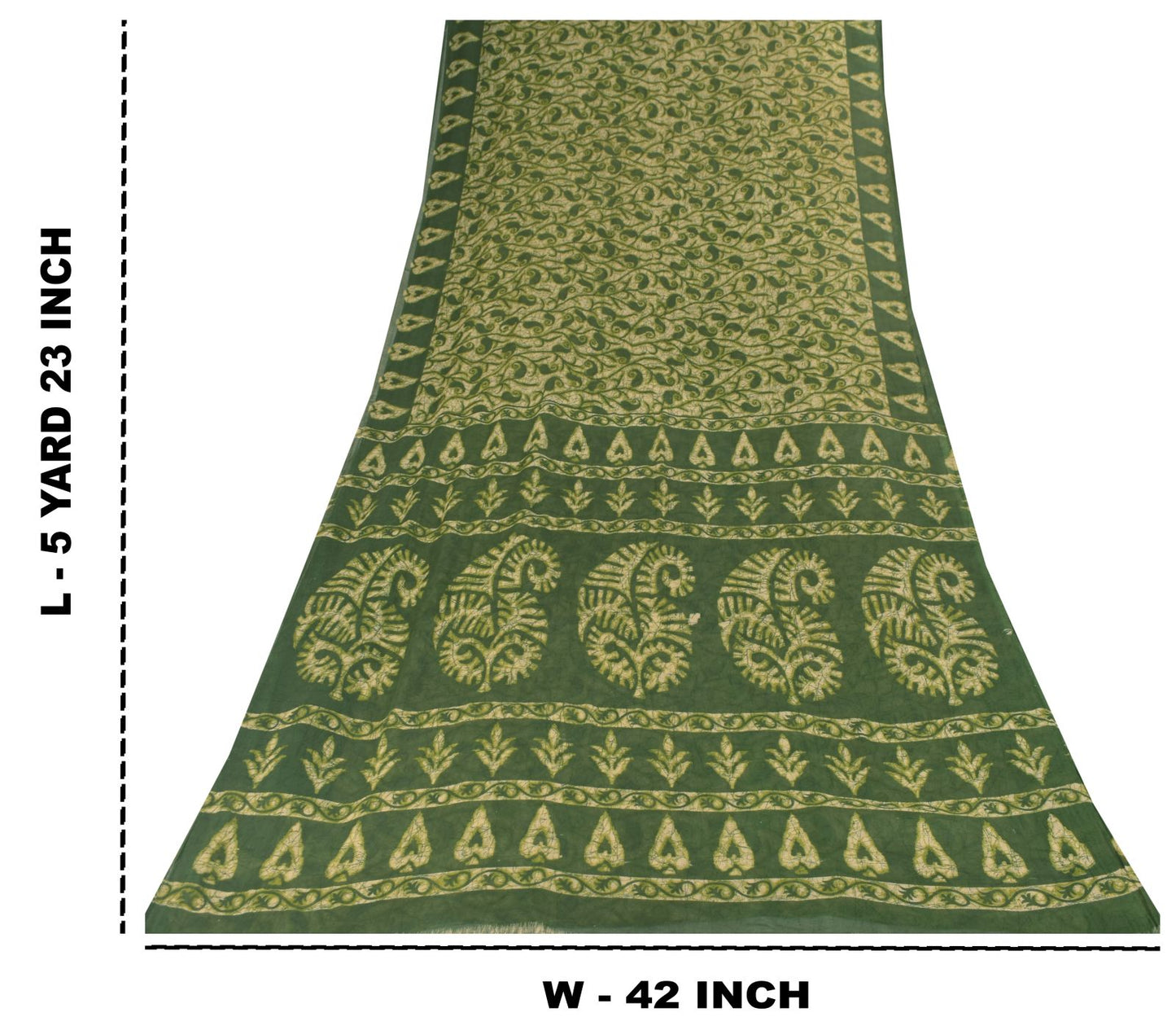 Sanskriti Vintage Soft Green Pure Cotton Saree Paisley Batik Printed Sari 5.5YD