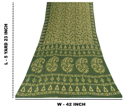 Sanskriti Vintage Soft Green Pure Cotton Saree Paisley Batik Printed Sari 5.5YD