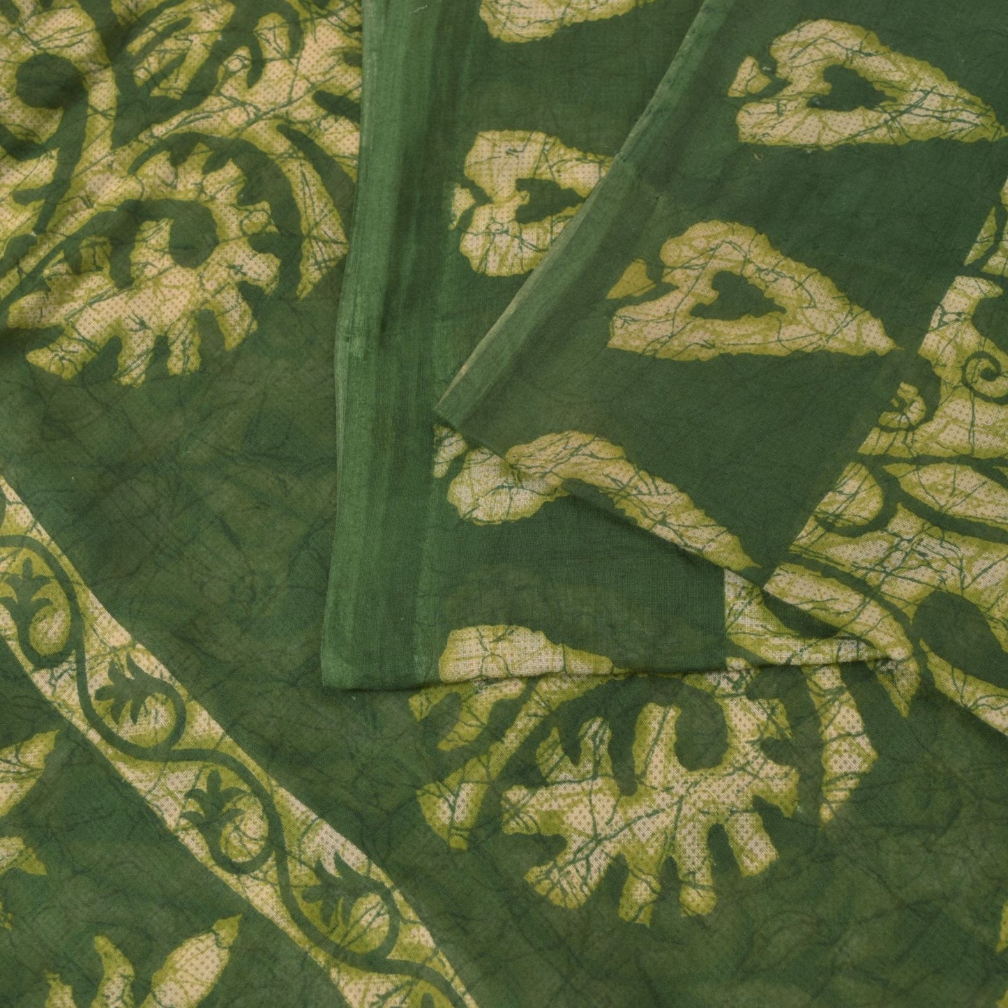 Sanskriti Vintage Soft Green Pure Cotton Saree Paisley Batik Printed Sari 5.5YD