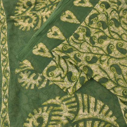 Sanskriti Vintage Soft Green Pure Cotton Saree Paisley Batik Printed Sari 5.5YD