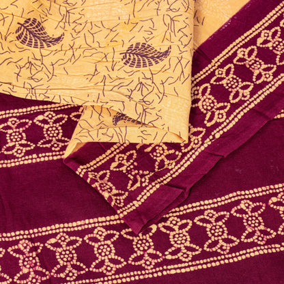 Sanskriti Vintage Soft Cream-Purple Pure Cotton Saree Batik Work Sari 5.5 yard