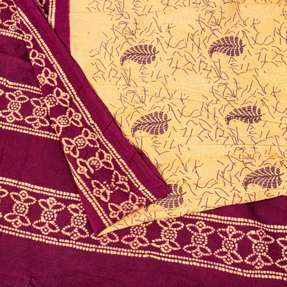 Sanskriti Vintage Soft Cream-Purple Pure Cotton Saree Batik Work Sari 5.5 yard