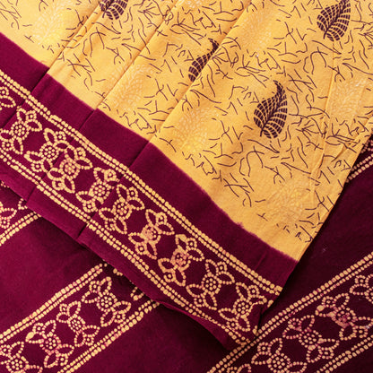 Sanskriti Vintage Soft Cream-Purple Pure Cotton Saree Batik Work Sari 5.5 yard
