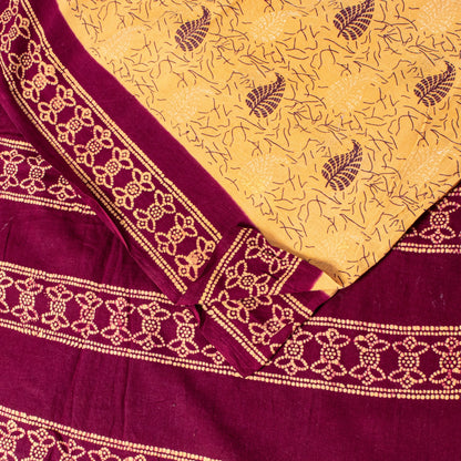 Sanskriti Vintage Soft Cream-Purple Pure Cotton Saree Batik Work Sari 5.5 yard