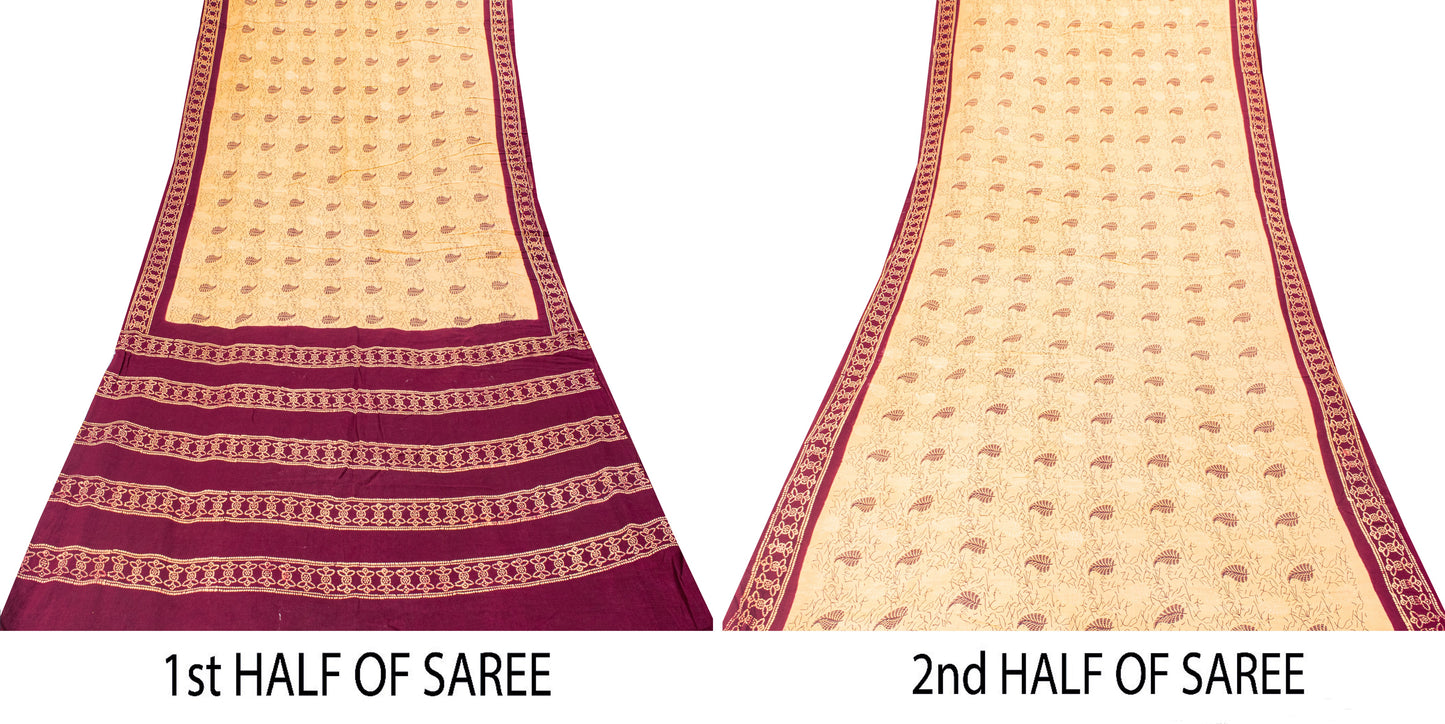 Sanskriti Vintage Soft Cream-Purple Pure Cotton Saree Batik Work Sari 5.5 yard