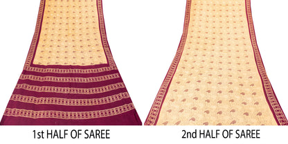 Sanskriti Vintage Soft Cream-Purple Pure Cotton Saree Batik Work Sari 5.5 yard