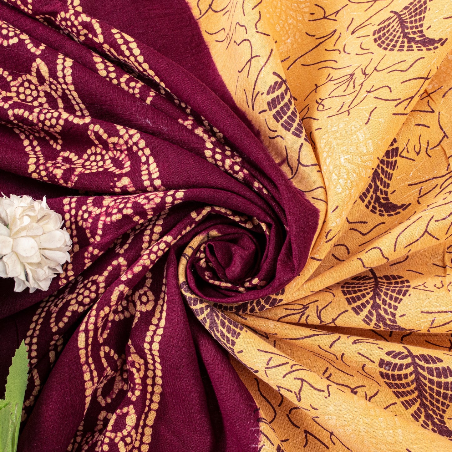 Sanskriti Vintage Soft Cream-Purple Pure Cotton Saree Batik Work Sari 5.5 yard