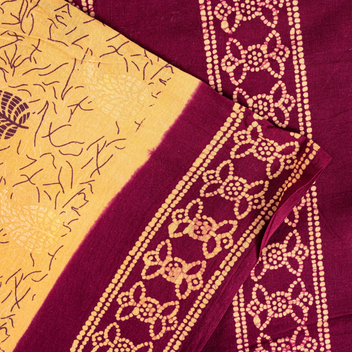 Sanskriti Vintage Soft Cream-Purple Pure Cotton Saree Batik Work Sari 5.5 yard