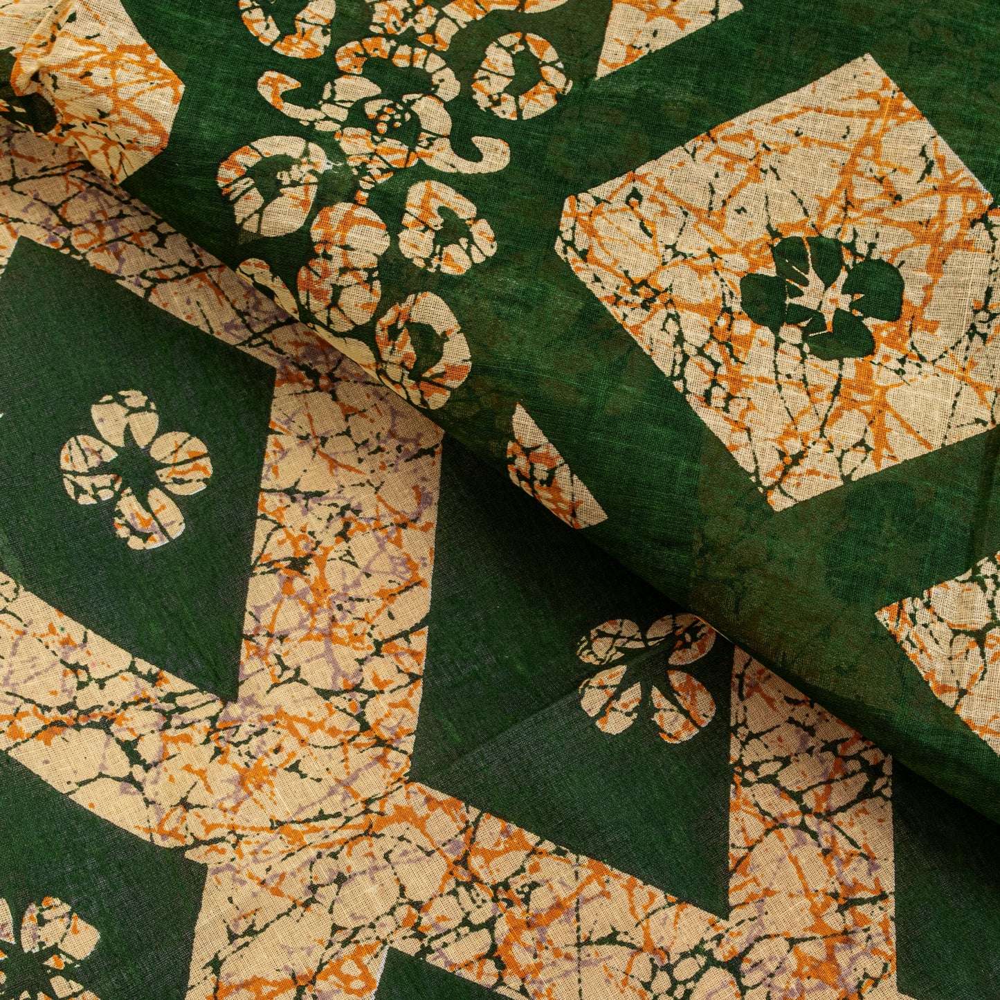 Sanskriti Vintage Dark Green Pure Cotton Saree Geometric Batik Printed Sari 5+YD