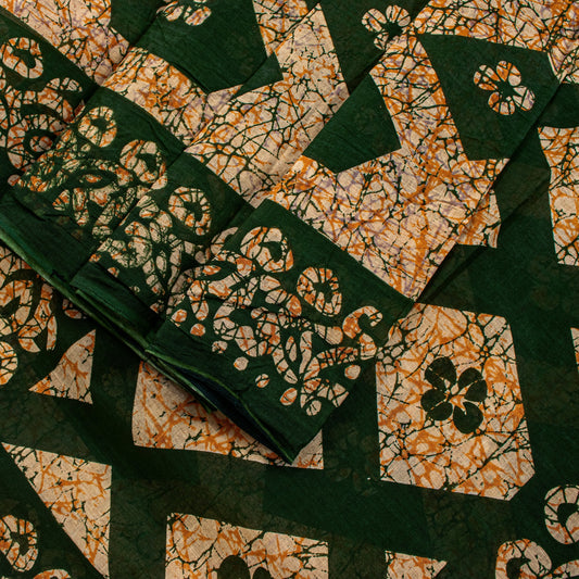 Sanskriti Vintage Dark Green Pure Cotton Saree Geometric Batik Printed Sari 5+YD
