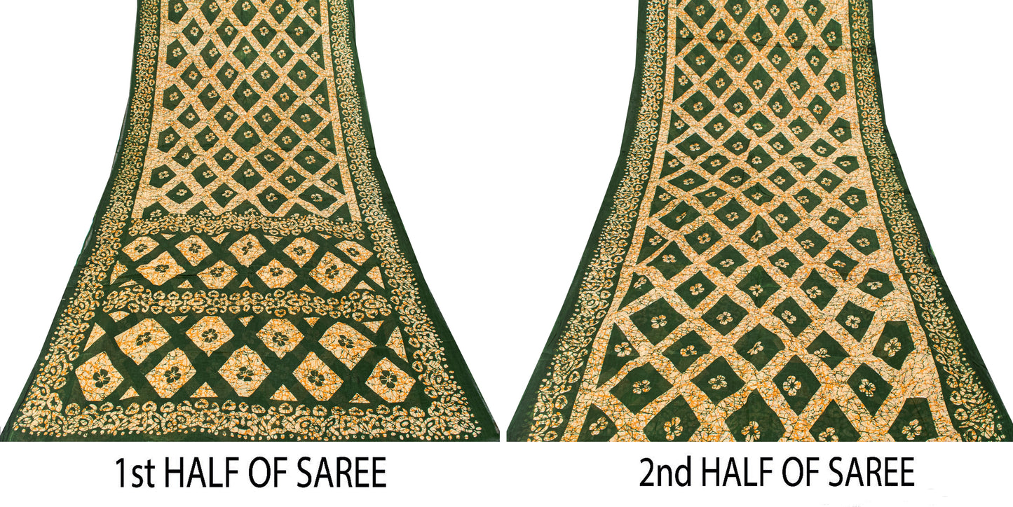 Sanskriti Vintage Dark Green Pure Cotton Saree Geometric Batik Printed Sari 5+YD