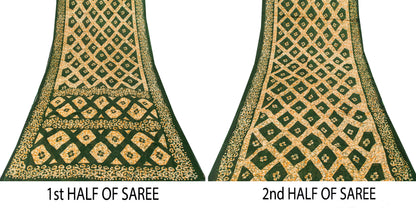 Sanskriti Vintage Dark Green Pure Cotton Saree Geometric Batik Printed Sari 5+YD