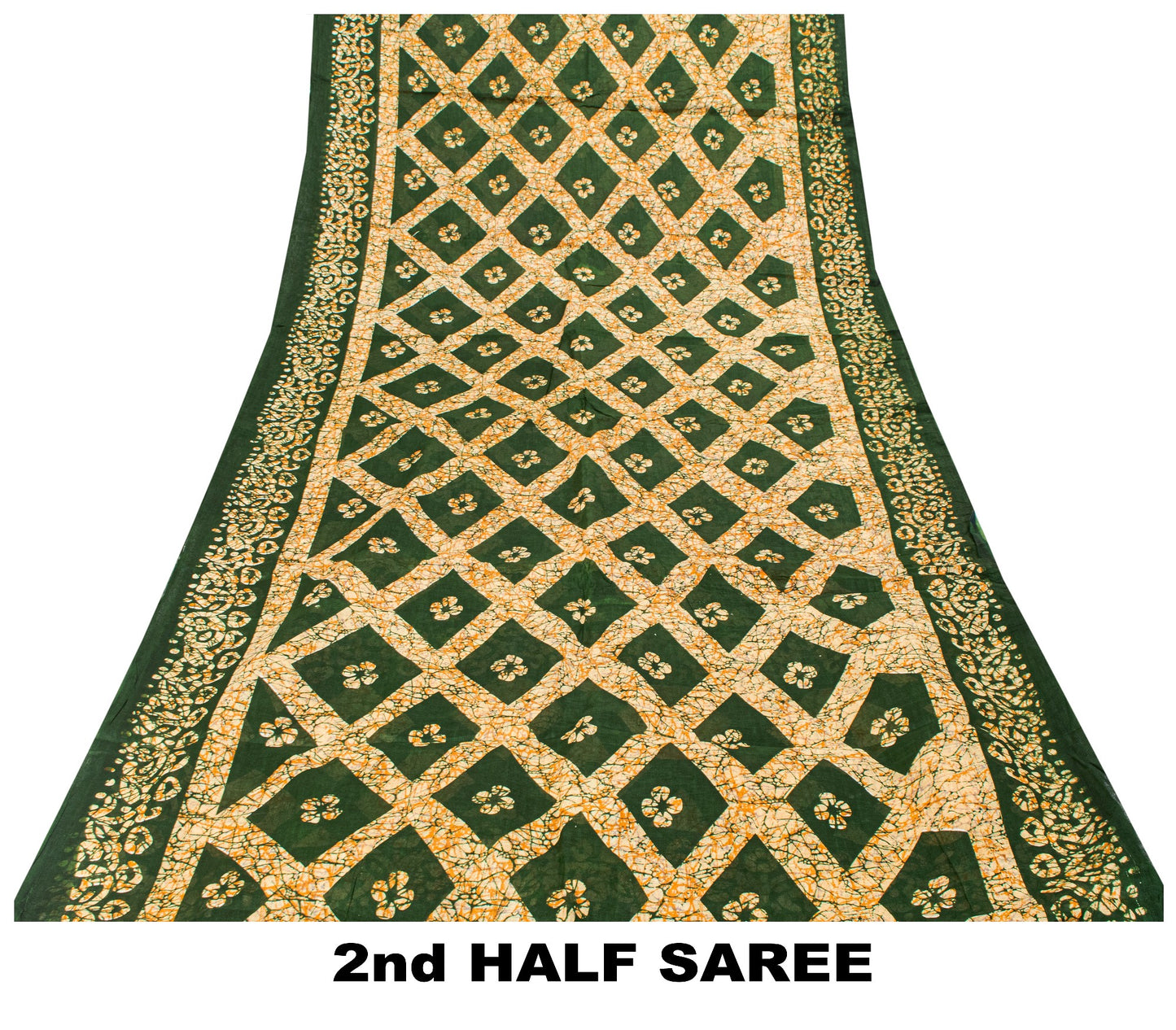 Sanskriti Vintage Dark Green Pure Cotton Saree Geometric Batik Printed Sari 5+YD