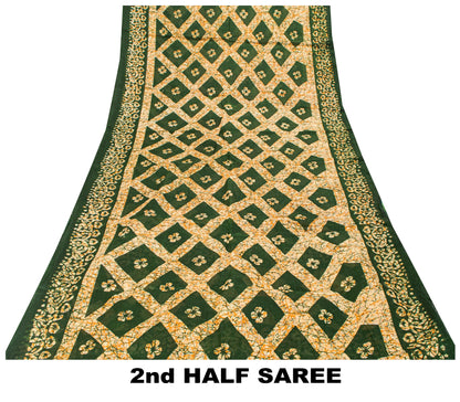 Sanskriti Vintage Dark Green Pure Cotton Saree Geometric Batik Printed Sari 5+YD