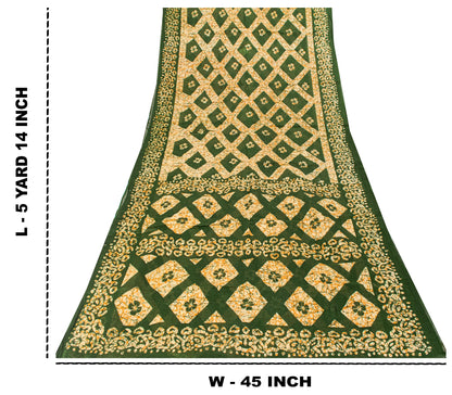 Sanskriti Vintage Dark Green Pure Cotton Saree Geometric Batik Printed Sari 5+YD