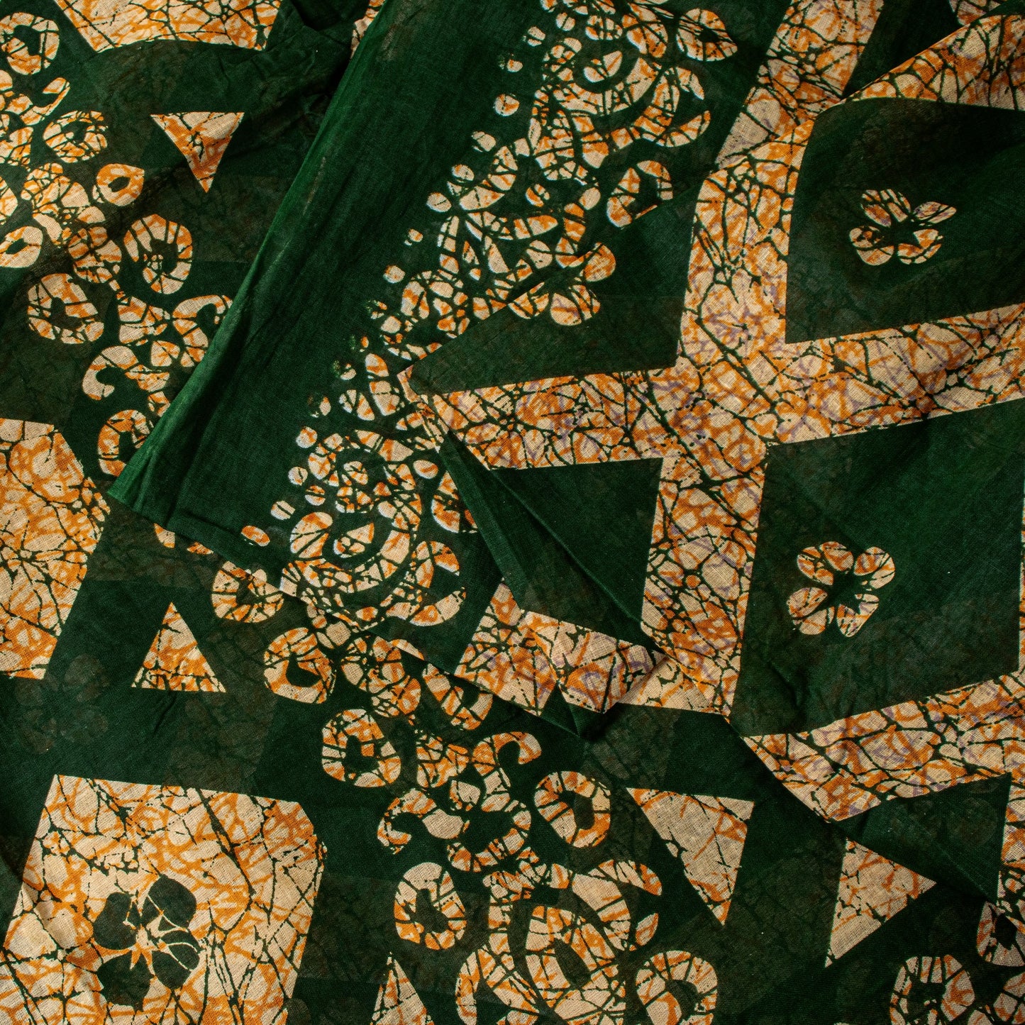 Sanskriti Vintage Dark Green Pure Cotton Saree Geometric Batik Printed Sari 5+YD