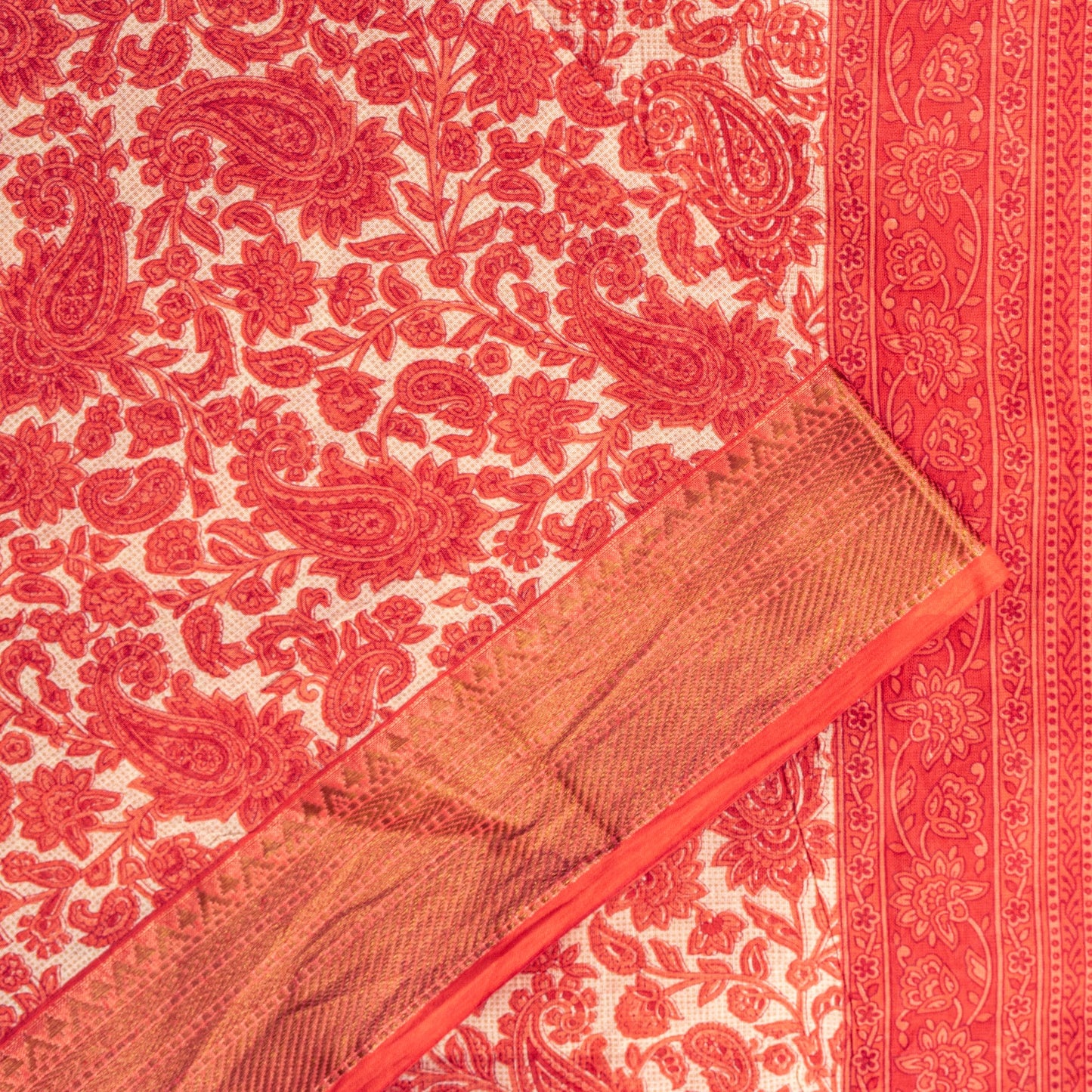 Sanskriti Vintage Red Pure Cotton Saree Paisley KashmirI Screen Print Sari 5+yd