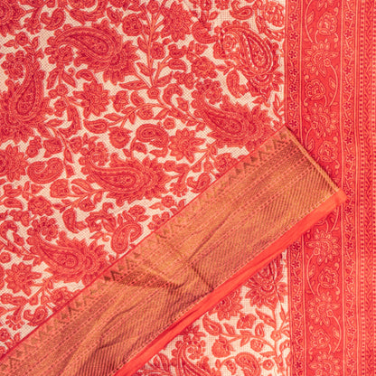 Sanskriti Vintage Red Pure Cotton Saree Paisley KashmirI Screen Print Sari 5+yd