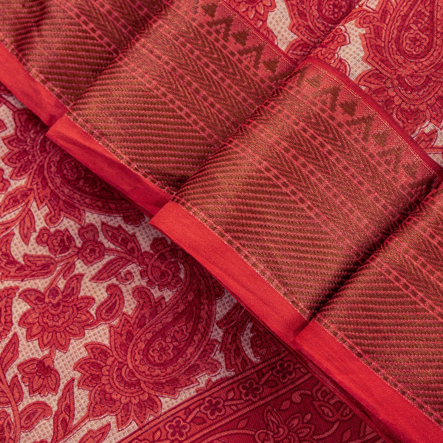 Sanskriti Vintage Red Pure Cotton Saree Paisley KashmirI Screen Print Sari 5+yd