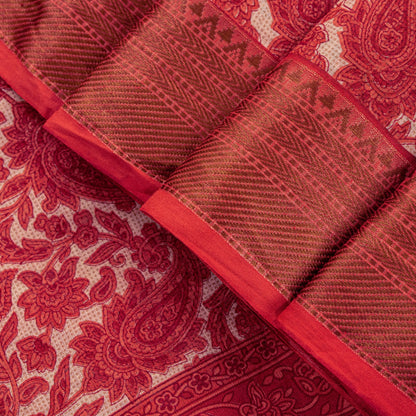 Sanskriti Vintage Red Pure Cotton Saree Paisley KashmirI Screen Print Sari 5+yd