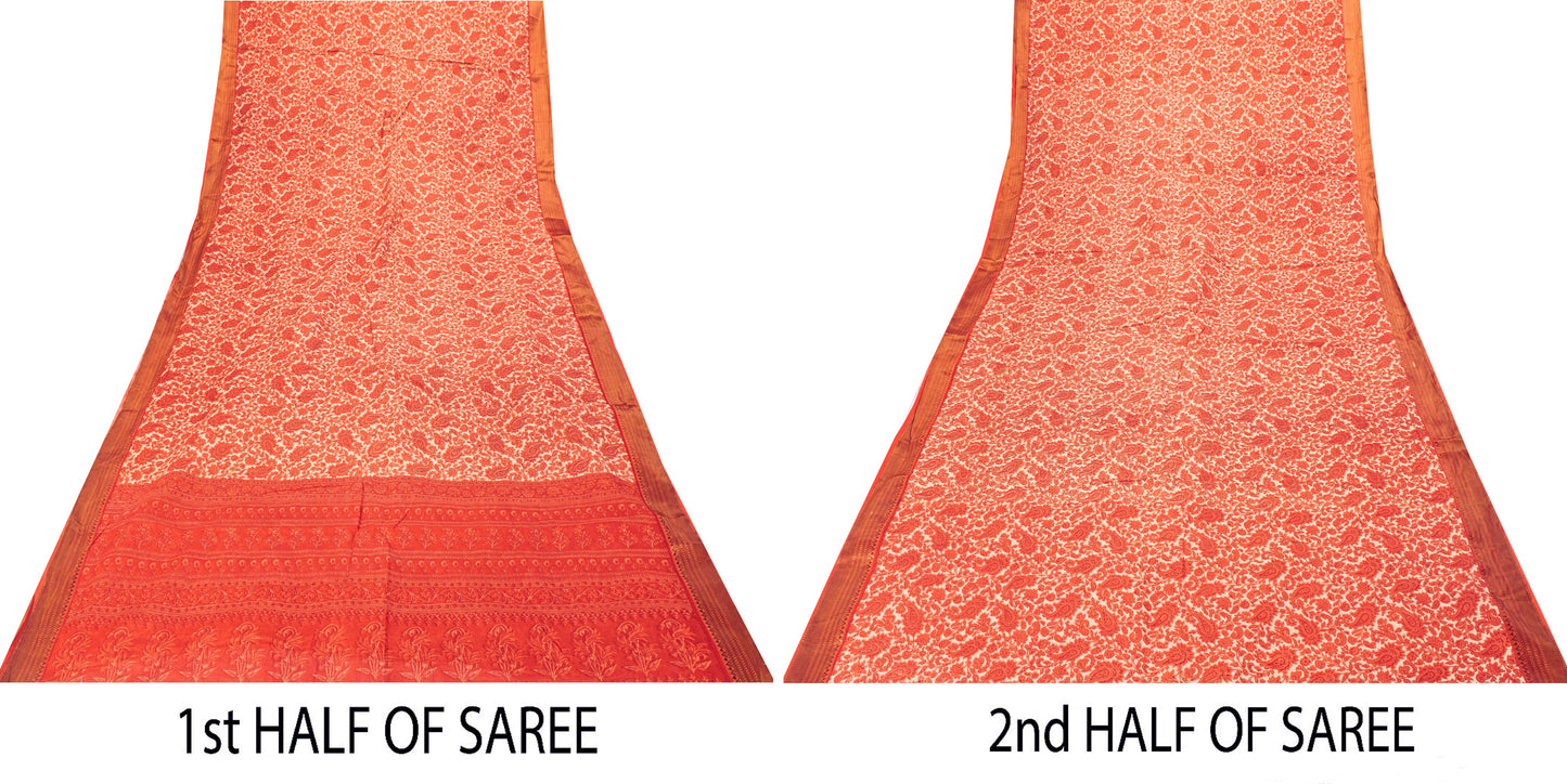 Sanskriti Vintage Red Pure Cotton Saree Paisley KashmirI Screen Print Sari 5+yd