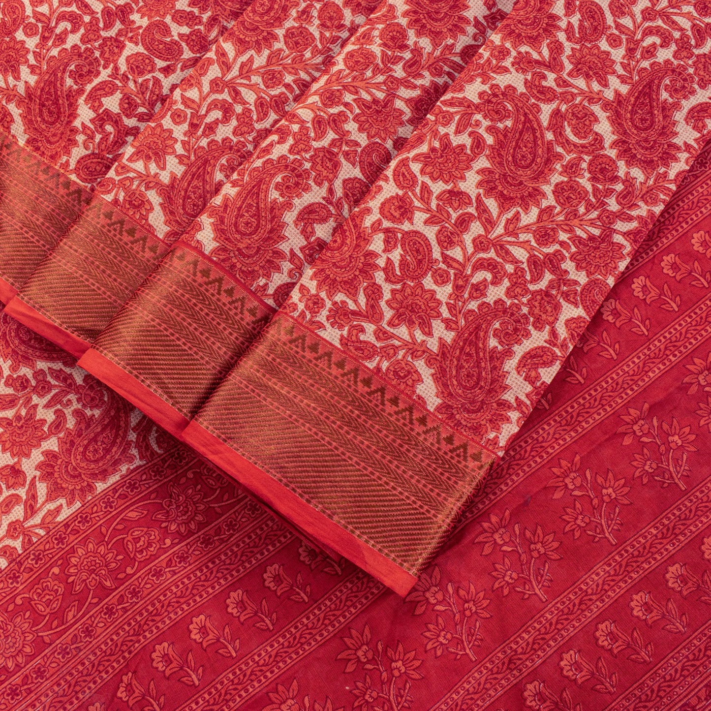 Sanskriti Vintage Red Pure Cotton Saree Paisley KashmirI Screen Print Sari 5+yd