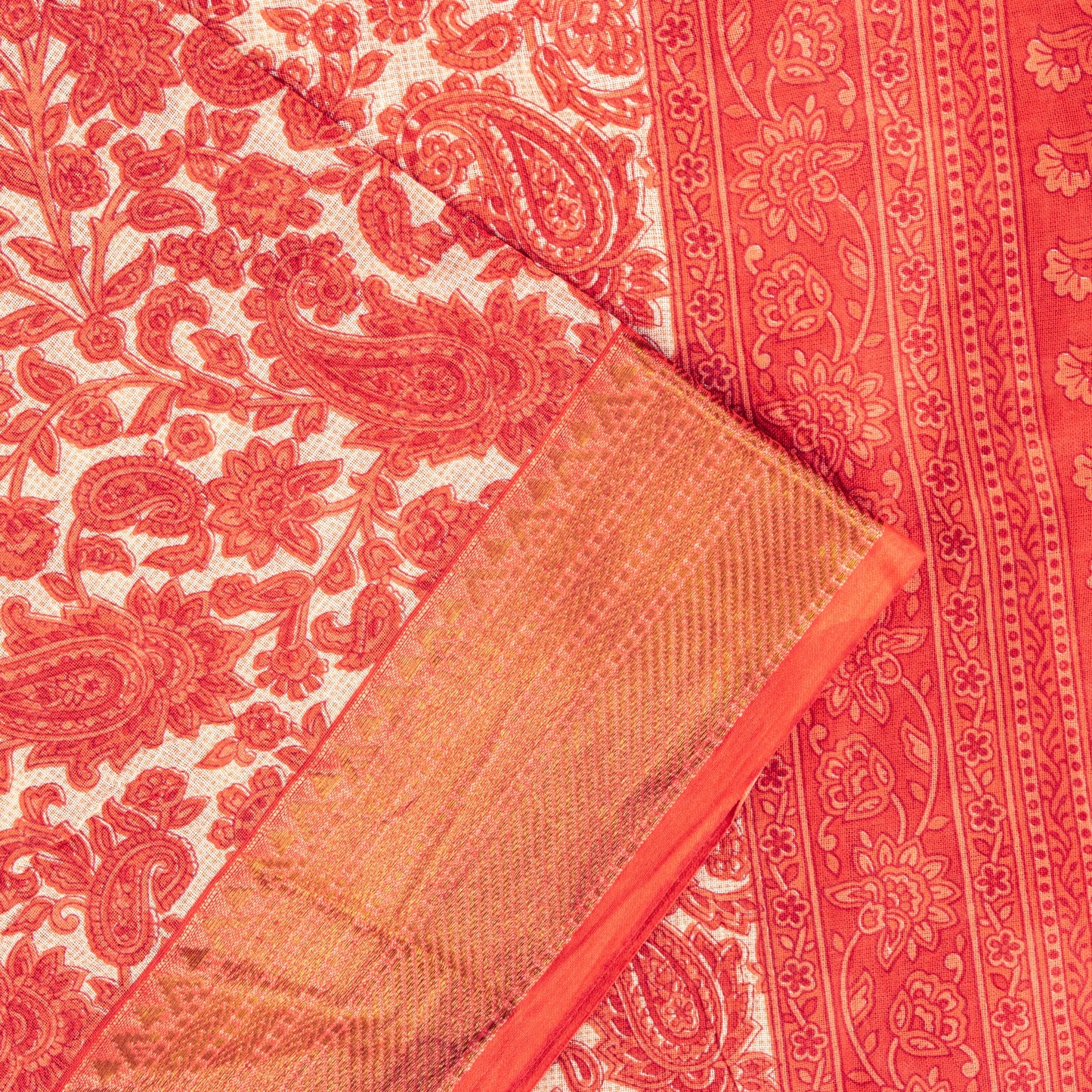 Sanskriti Vintage Red Pure Cotton Saree Paisley KashmirI Screen Print Sari 5+yd